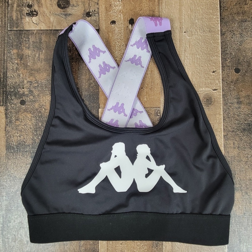 Kappa‎ Sports Bra Top Black Purple Criss Cross Back Straps Front Logo Gym Small